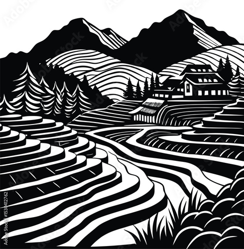 Monochrome Rice Terraces, Mountain Landscape vector