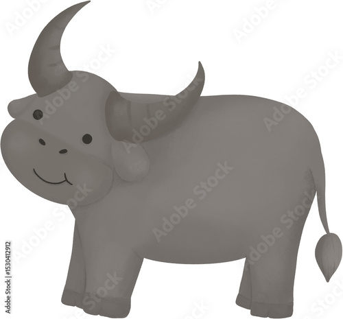 Friendly farm animal cartoon, adorable bovine character art, gray buffalo illustration for children