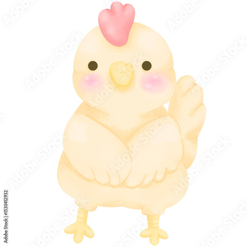 Sweet kawaii chicken character art, little yellow chick design, funny poultry illustration.