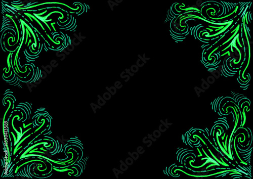 Horizontal frame. Ornament of curls, curved lines, dashes and other decor from the left and right sides. Different shades of green, turquoise. Black copy space. Invitation, postcard, certificate.
