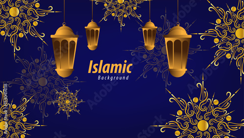 Elegant Islamic Background with Gold Lanterns and Green Floral Decorations