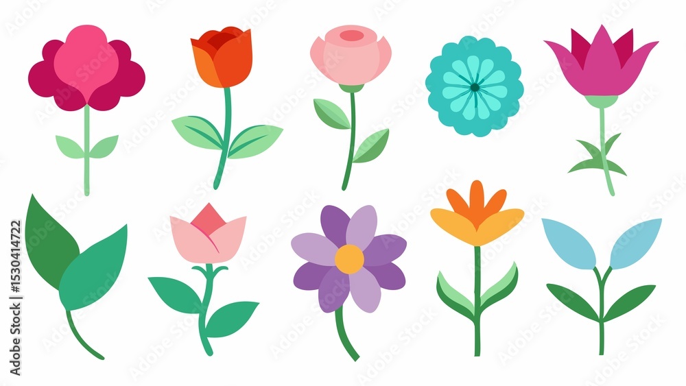 Obraz premium Collection of Colorful Flat Design Flowers and Leaves on a White Background