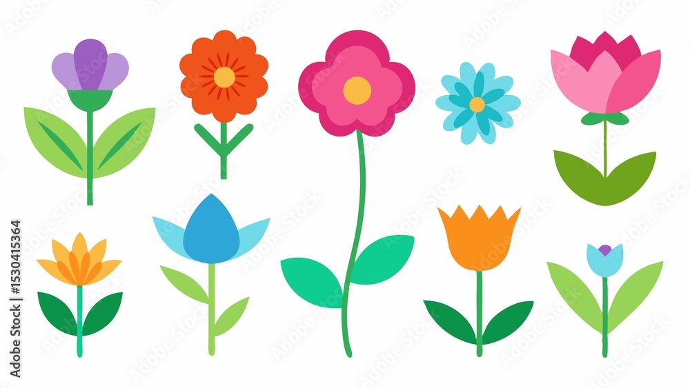 Obraz premium Collection of Colorful Geometric Flowers on a White Background for Springtime Designs