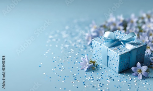 A gift box with a ribbon surrounded by flowers and confetti on a light background.
