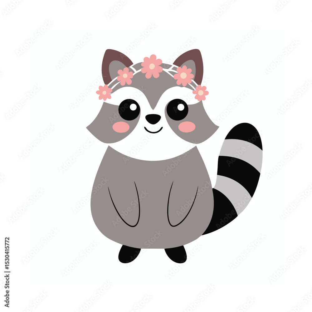Fototapeta premium cute raccoon wearing flower crown cartoon