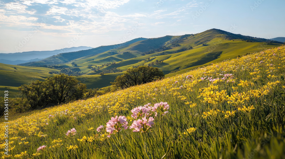 Obraz premium Rolling green hillside with wildflowers, yellow and pink blooms, under blue sky with clouds, peaceful nature scene