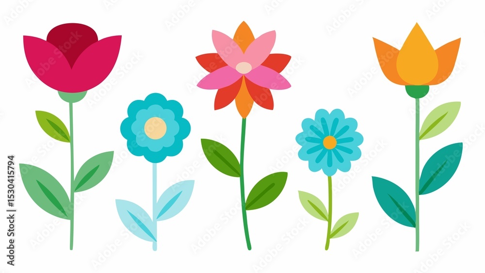 Obraz premium Simple and Colorful Floral Illustration with Geometric Shapes on a White Background