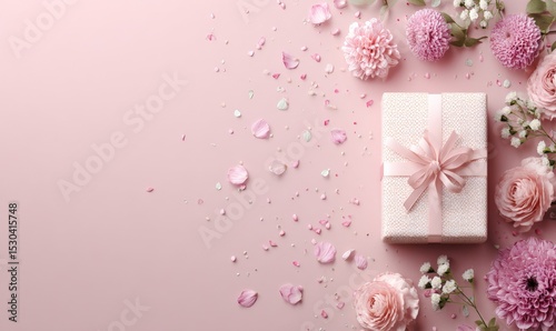 A gift box with a ribbon surrounded by flowers and confetti on a light background.