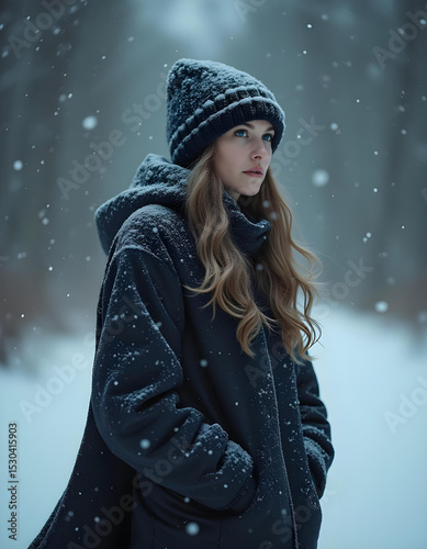 Smiling woman wearing fashionable winter hat with fur in the snow, enjoying winter and falling snowflakes.