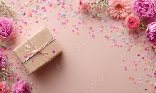 A gift box with a ribbon surrounded by flowers and confetti on a light background.
