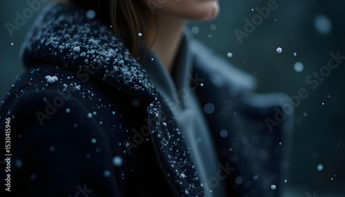 Smiling woman wearing fashionable winter hat with fur in the snow, enjoying winter and falling snowflakes.