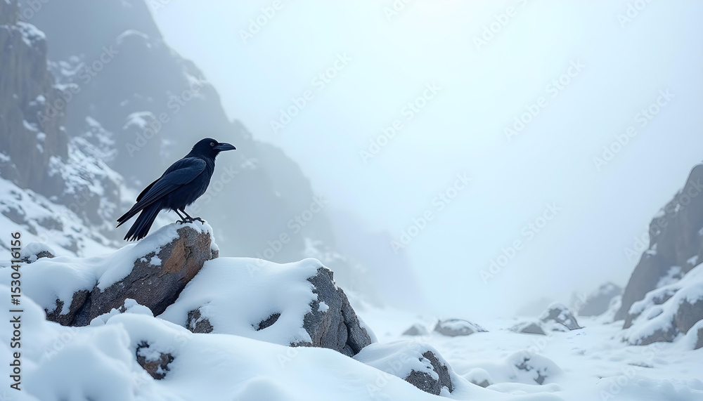 Fototapeta premium A lone crow stands in a vast, white winter mountain landscape, under a cold sky, embodying nature's extreme beauty 