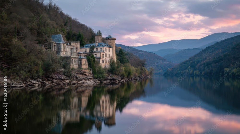 Fototapeta premium Serene Castle Reflection on Calm Lake at Sunset in Scenic Landscape