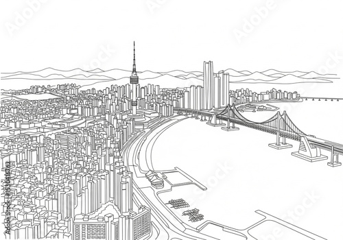 busan in Korea one line drawing