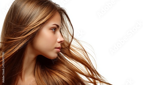 Woman with long, flowing brown hair looks to the side against a white background.