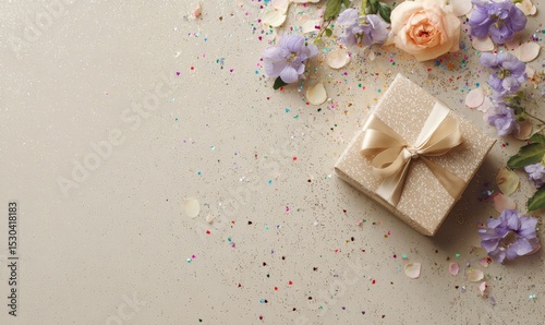 A gift box with a ribbon surrounded by flowers and confetti on a light background.