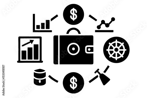 Secure Vault Icon with Money Bag, Coin Stack & Graph – Financial Security Symbols