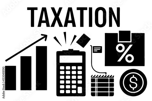 Tax Calculator Tool with Bar Chart, Documents, Dollar & Percentage Symbols – Financial Tax Guide