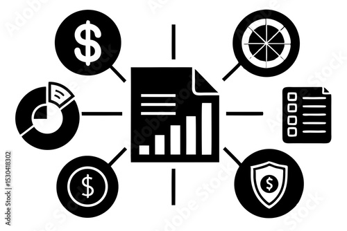 Financial Report Icon Design with Ledger, Analytics, Chart & Safe Symbols – Business Finance Visual