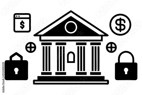 Modern Bank Building Center with ATM, Credit Card, Currency & Security Icons – Financial Hub Illustration