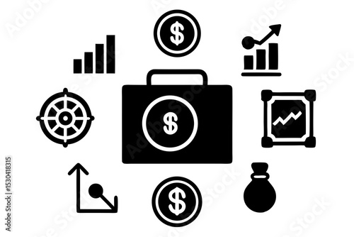 Secure Vault Icon with Money Bag, Coin Stack & Financial Graph – Premium Security Symbols