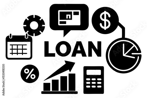 Loan Process Concept: Agreement Icon with Percent, Coin, Bar Chart & Calendar Symbols