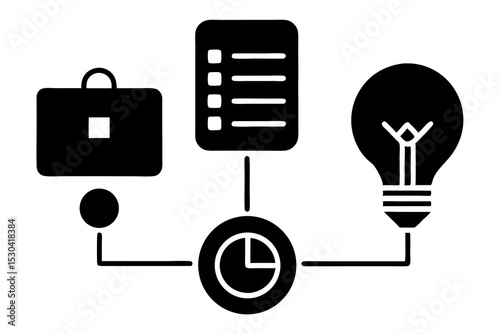Strategic Planning Chart Icon Linked to Productivity Tools – Pencil, Clock, List & Light Bulb