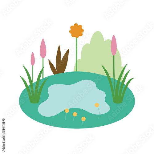 pond surrounded by tall grass and wildflowers cart vector art illustration