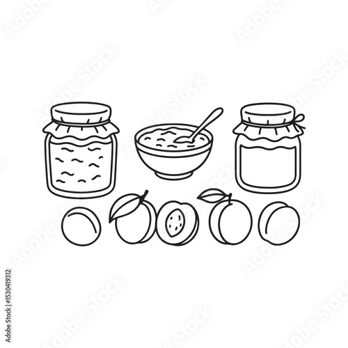 Elegant Line Art Illustration of Apricot Jam in a Jar with Spoon and Fruit