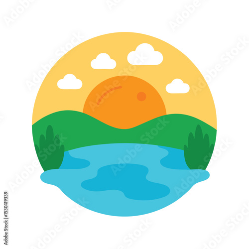 sun setting over a tranquil pond cartoon