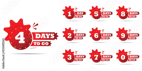 Countdown of days 1,2,3,4,5,6,7,8,9,10. The days  to go badges. A countdown is going on, one day I left a badge and a label to calculate the date of work. Offer timer, sticker limited to a few days.