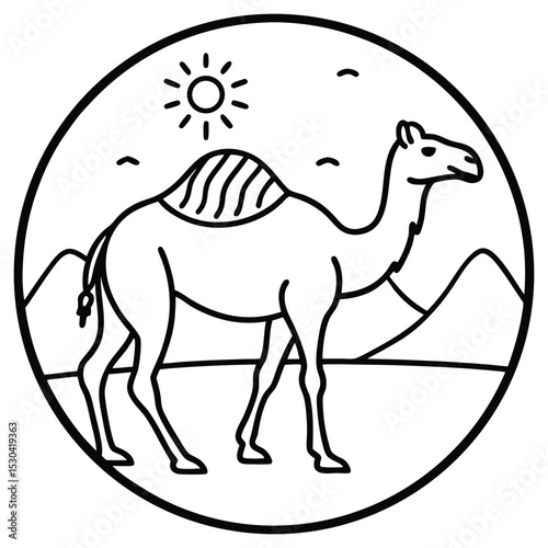Camel walking in a desert scene inside a circle