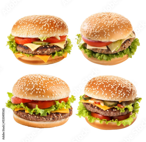 Four delicious cheeseburgers with lettuce, tomato, pickles, and cheese on sesame buns arranged in a square layout on isolated transparent background