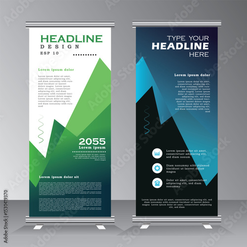 Roll up banner vertical template design, for brochure, business, flyer, stand banner. modern x-banner and standee banner for advertising. vector illustration pull up banner with green and blue color,
