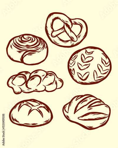 Line art set of bakery products including various types of bread and cakes Outline drawing of bakery products 
