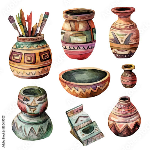Cultural Artifacts, watercolor clipart vector, isolated on a white background.