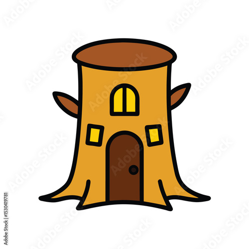 tree stump with a door and windows cartoon doodle 