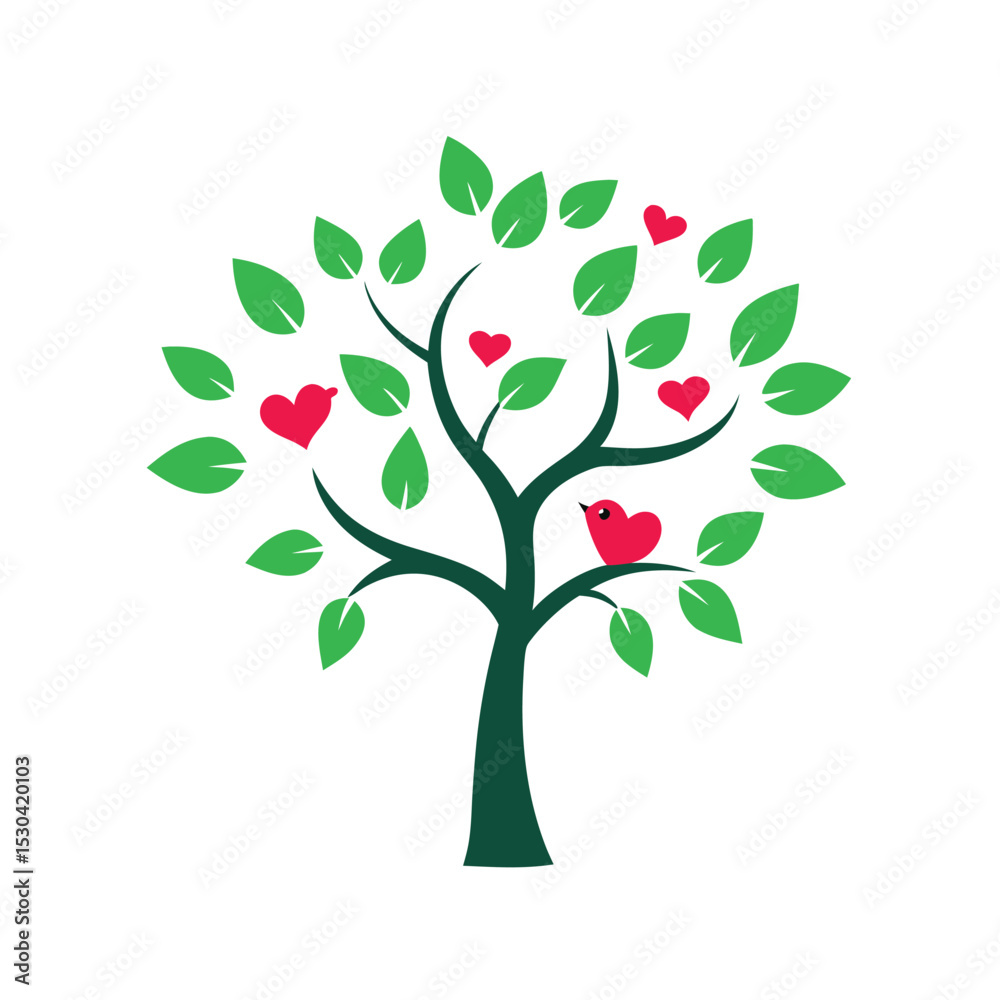 Fototapeta premium tree with heart shaped leaves and birds flying