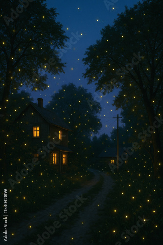 Wallpaper Mural Rural Home at Night: A cozy home radiates warm light, embraced by trees and fireflies under a starlit sky, creating a tranquil nighttime scene. Torontodigital.ca