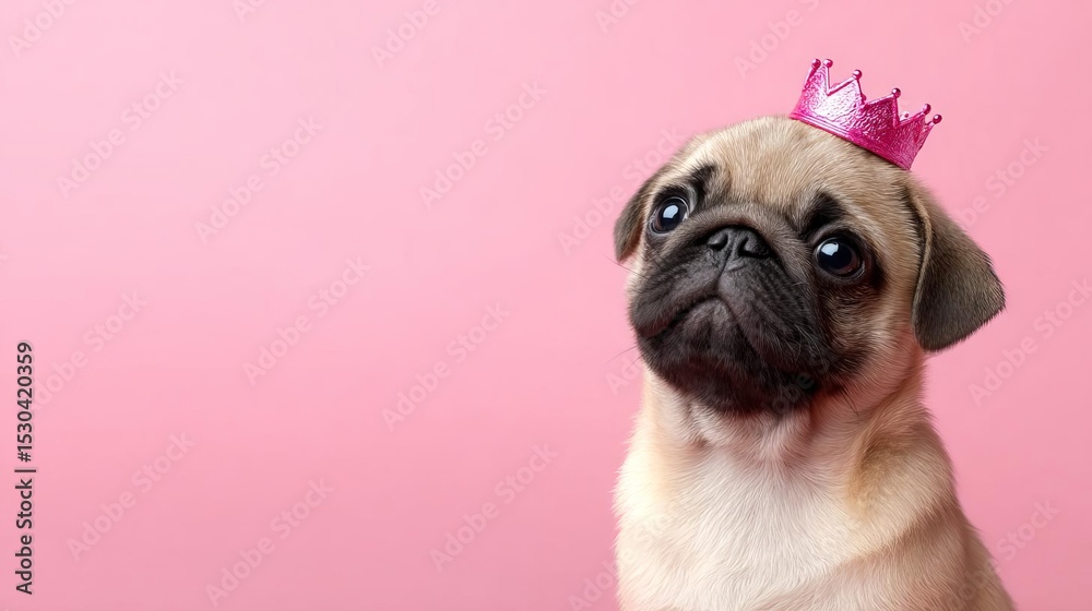 Obraz premium A cute pug wearing a crown against a pink background.