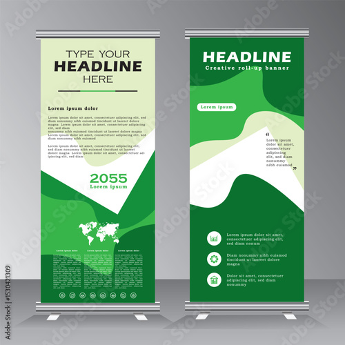 Creative green color roll up business brochure flyer banner design vertical template, presentation background, modern publication x-banner and flag-banner, Roll up banner stand, vector eps 10