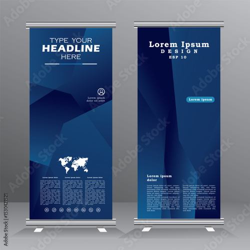 abstract background roll up banner desing with dark and light blue, roll up banner template with abstract background, print ready color,
