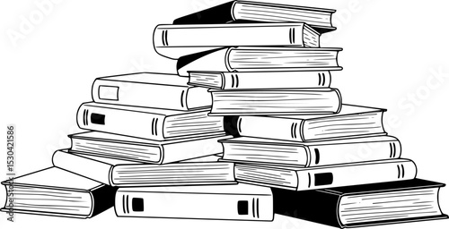 A stack of books arranged haphazardly, featuring various sizes and orientations