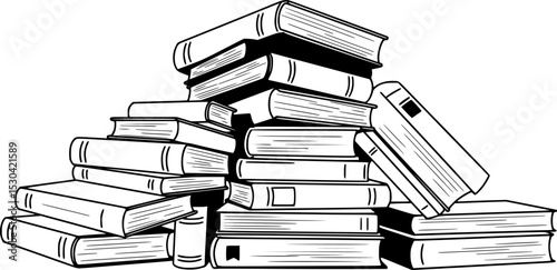 A stack of books arranged haphazardly, featuring various sizes and orientations