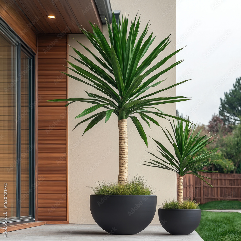 Fototapeta premium Two large potted yucca plants with spiky green leaves on modern patio, wooden siding and garden visible