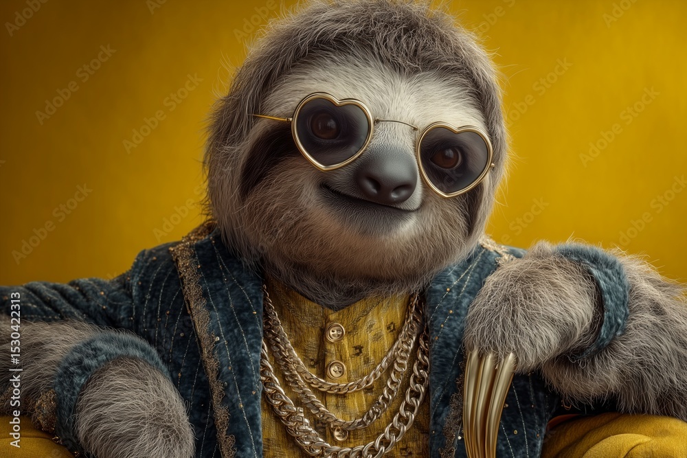 Fototapeta premium A dapper sloth in a velvet blazer, chunky gold chain, and heart-shaped goggles, lounging on bright yellow background.