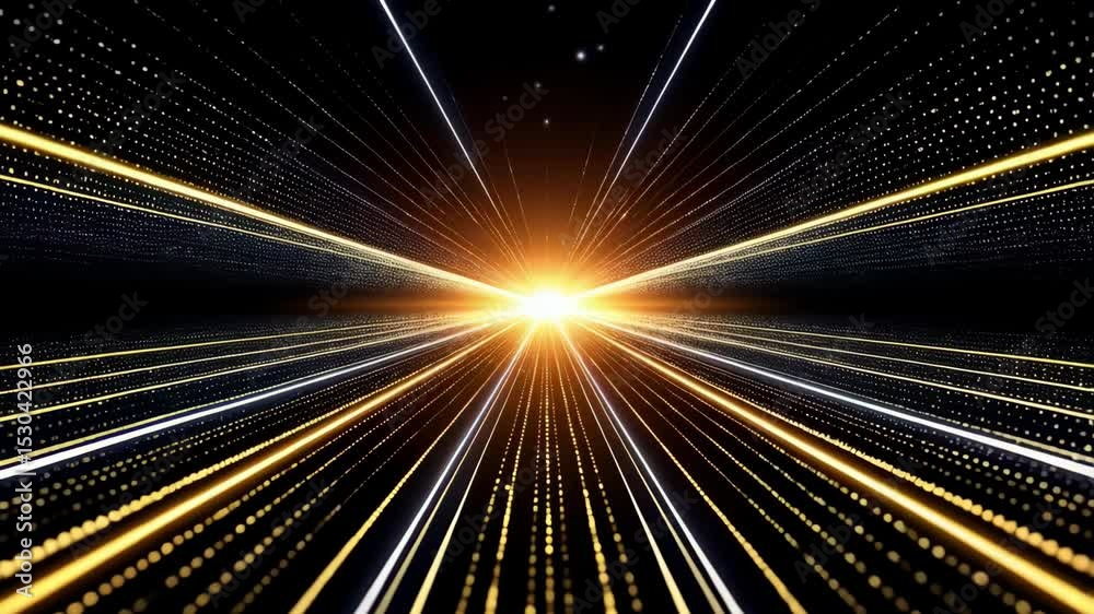 Abstract perspective background with converging gold and white light streaks on black, creating a futuristic tunnel vision effect, data stream