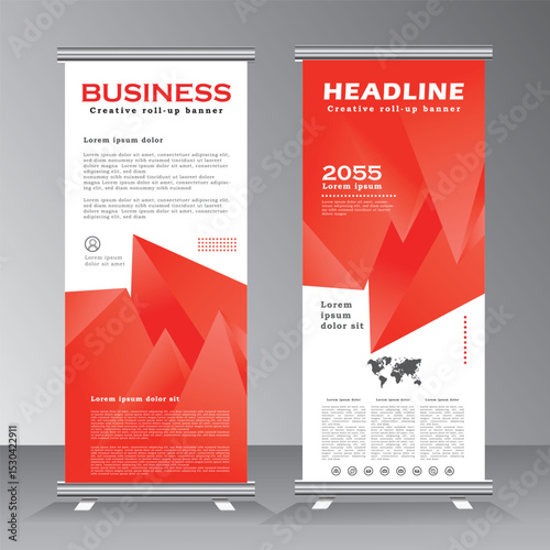 roll up banner template for business, vertical banner template, abstract vector illustration , abstract geometric standee banner, modern x-banner and pull up, vertical banner with red color