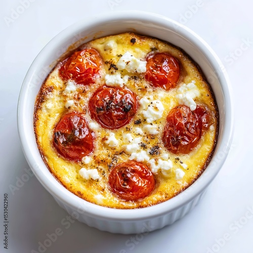 Close up of baked egg dish with tomatoes and feta cheese in a white ceramic ramekin on a white surface