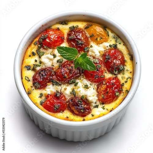 Close up of a baked dish with tomatoes and cheese in a white ramekin on a white background